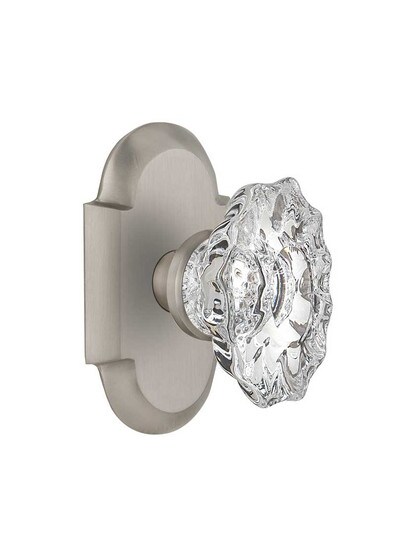 Arched Rosette Door Set with Chateau Crystal Glass Knobs in Satin Nickel.